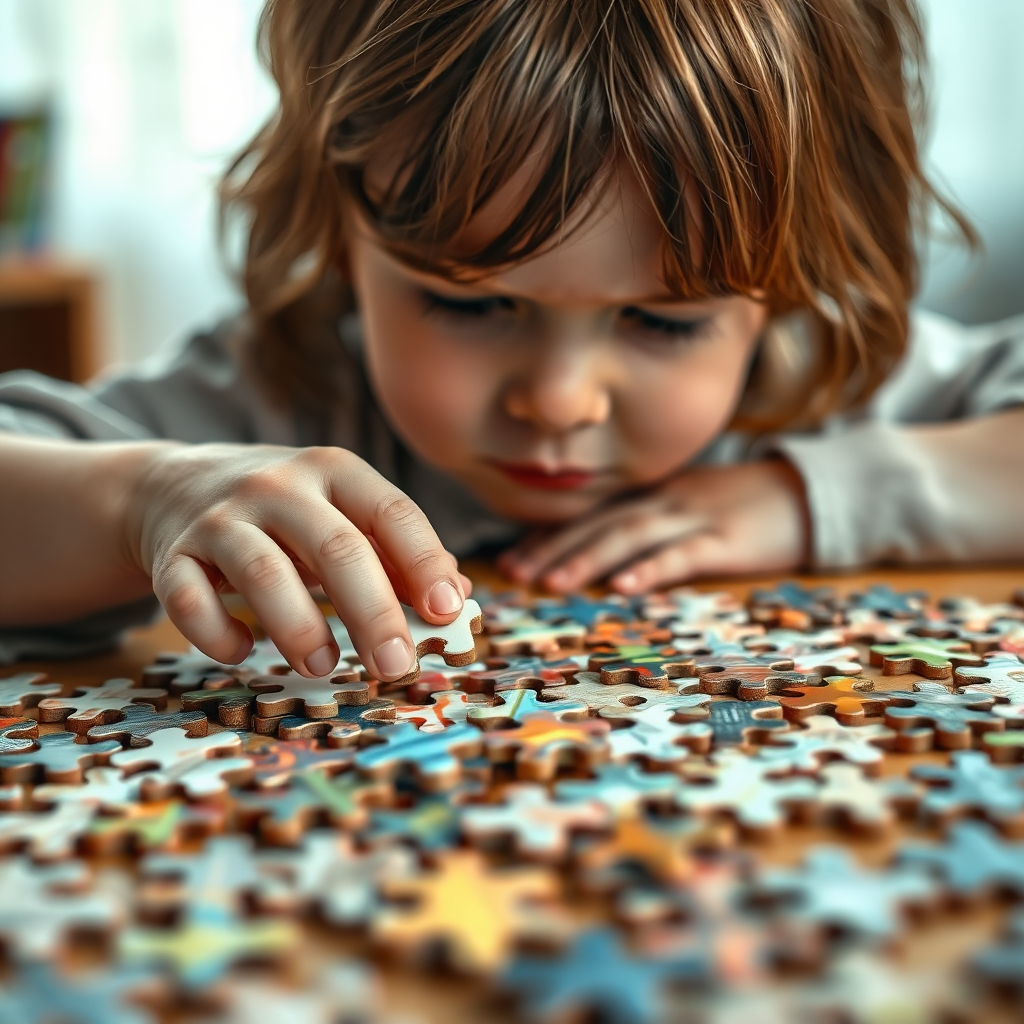 A child's hands working on a complex jigsaw puzzle, with various puzzle pieces scattered around. The child's brow is furrowed in concentration, indicating the mental challenge. The lighting is focused and clear, highlighting the details of the puzzle pieces. The style is photorealistic, with a touch of intellectual curiosity. Technical specs: 4K resolution, high quality, sharp details, and clear focus.