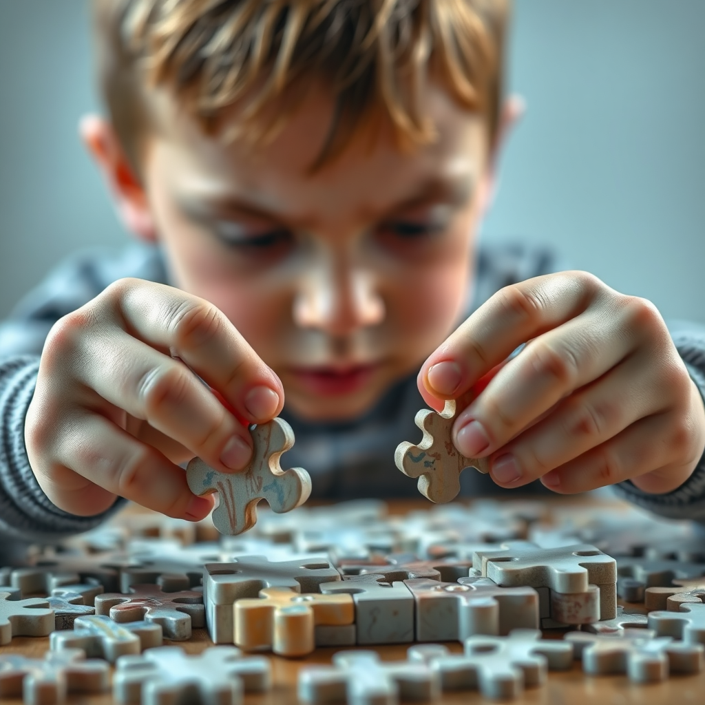 A close-up shot of a child's hands manipulating puzzle pieces, with a partially completed puzzle in the background. The child's brow is furrowed in concentration, indicating the mental challenge. The lighting is focused and clear, highlighting the details of the puzzle pieces. The style is photorealistic, with a touch of intellectual curiosity. Technical specs: 4K resolution, high quality, sharp details, and clear focus.