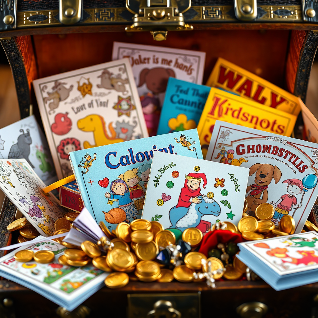 A close-up shot of a treasure chest overflowing with coloring books, puzzle books, and storybooks. The books are brightly colored and feature a variety of whimsical illustrations. Gold coins and jewels are scattered among the books, symbolizing the value of the exclusive content. The lighting is warm and inviting, highlighting the details of the books and the treasure. The style is photorealistic, with a touch of fantasy. Technical specs: 4K resolution, high quality, vibrant colors, and sharp details.