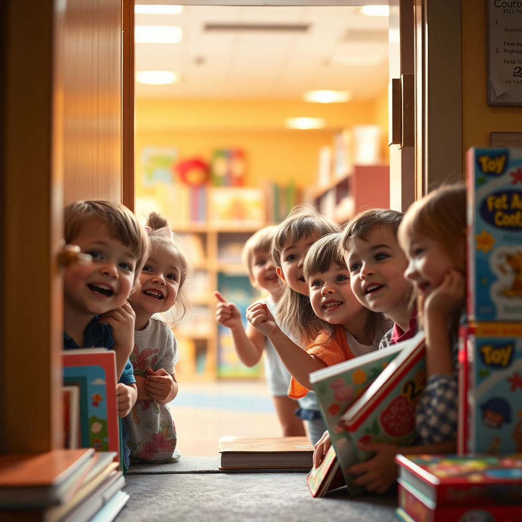 A group of children excitedly peering through a doorway into a brightly lit room filled with new books and puzzles. The children's faces are filled with anticipation and wonder. The lighting is warm and inviting, highlighting the excitement of the scene. The style is photorealistic, with a touch of whimsy. Technical specs: 4K resolution, high quality, vibrant colors, and sharp details.