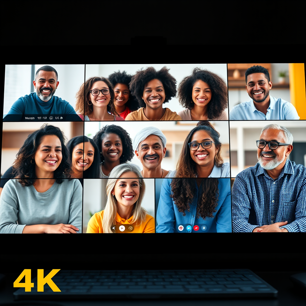 A group of diverse parents and educators engaging in a lively online discussion on a virtual platform. The participants are smiling and interacting positively, creating a sense of community and collaboration. The lighting is bright and welcoming, highlighting the warmth and support of the online community. The style is modern and inclusive, emphasizing the diversity of the participants. Technical specs: 4K resolution, high quality, vibrant colors, and clear communication.