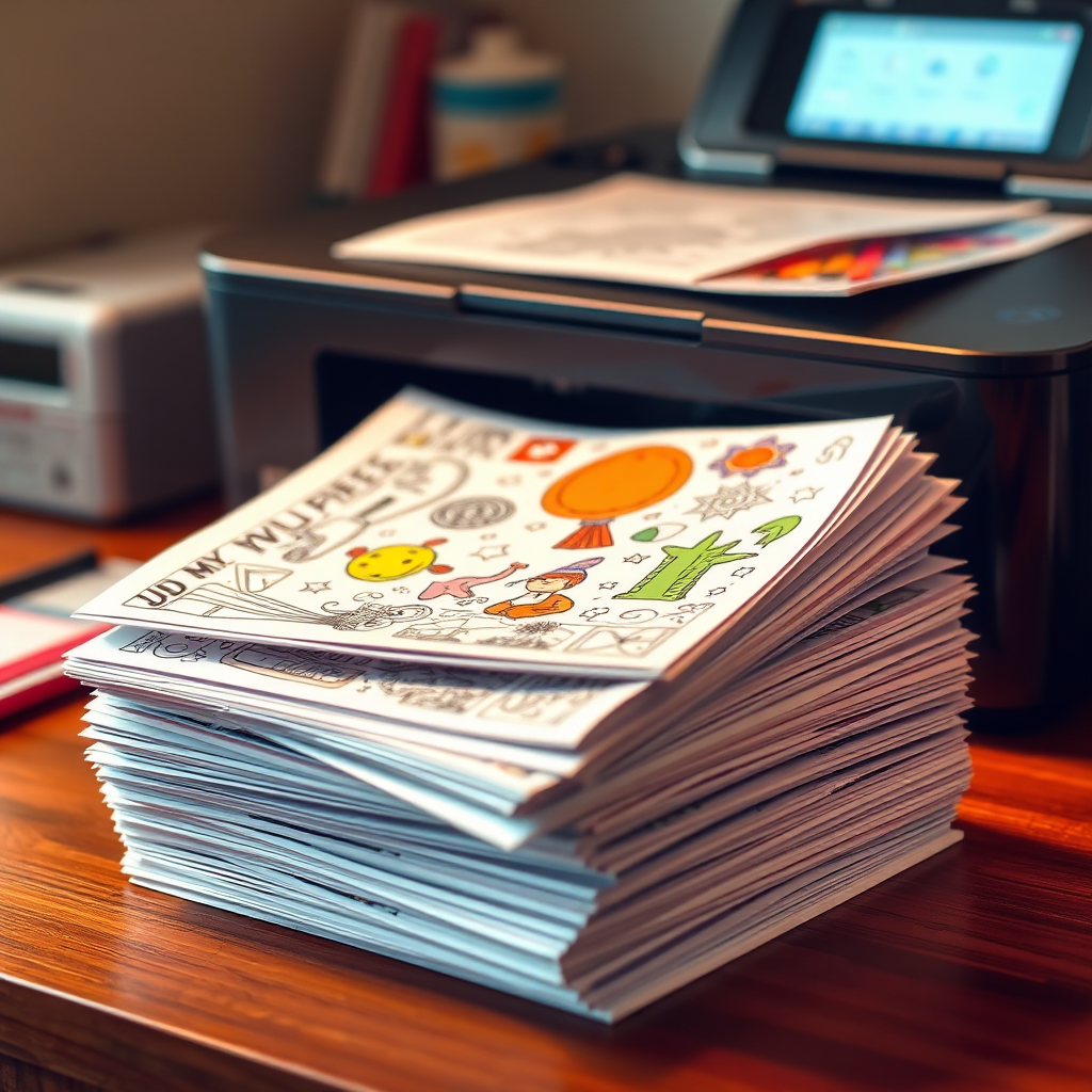 A stack of freshly printed coloring pages and activity sheets, with a printer in the background. The pages are brightly colored and feature a variety of engaging designs. The lighting is warm and inviting, highlighting the convenience and accessibility of the printable resources. The style is photorealistic, with a touch of practicality. Technical specs: 4K resolution, high quality, sharp details, and vibrant colors.