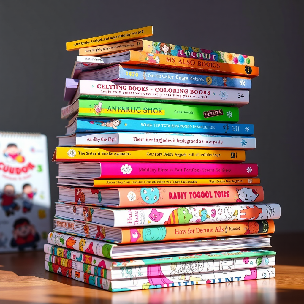 A stack of various coloring books, each with unique and engaging cover art. The books are arranged in a visually appealing manner, showcasing the diversity of the collection. The lighting is bright and colorful, highlighting the vibrant illustrations. The style is photorealistic, with a touch of whimsy. Technical specs: 4K resolution, high quality, sharp details, and vibrant colors.