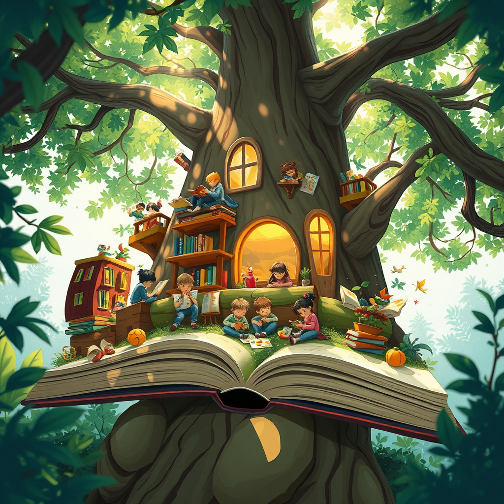 A stylized image representing the essence of Active Minds Press's membership. The scene depicts a whimsical treehouse filled with children engrossed in various activities: reading, coloring, and solving puzzles. The treehouse is built within a giant, open storybook, symbolizing the connection between stories and imagination. Light filters through the leaves, casting dappled shadows and creating a warm, inviting atmosphere. The color palette is vibrant and playful, with a focus on greens, blues, and yellows. The camera angle is a slightly low, wide shot, emphasizing the height and grandeur of the treehouse. The texture details include the rough bark of the tree, the smooth paper of the books, and the soft fabrics of the cushions. The overall style is reminiscent of a children's book illustration, with a touch of magical realism. Technical specs: 4K resolution, high quality, vibrant colors, and detailed textures.