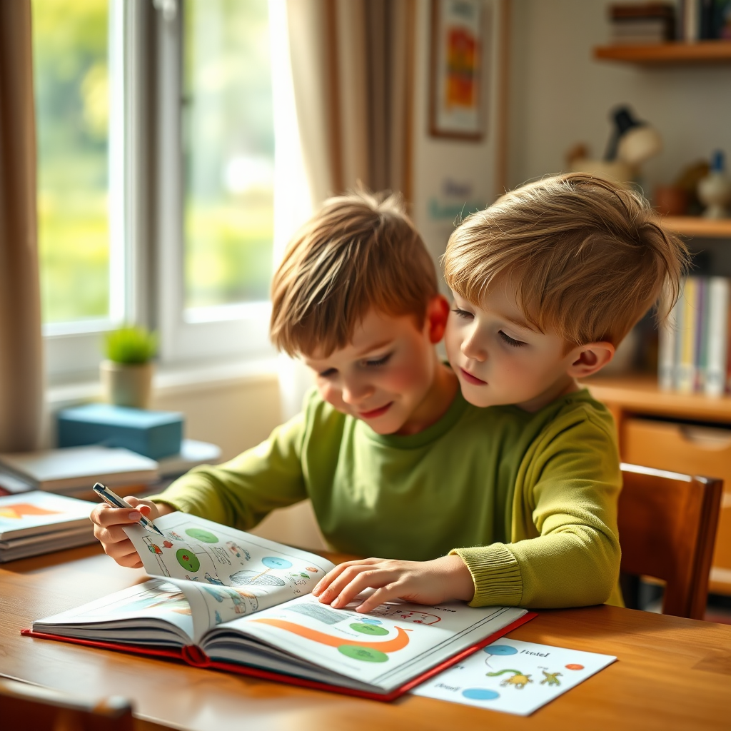 An image depicting a child sitting at a desk, working on a personalized activity book. The book is filled with colorful illustrations and puzzles tailored to the child's interests. A friendly tutor or guide is standing nearby, offering encouragement and support. The lighting is warm and inviting, highlighting the focus and engagement of the child. The style is photorealistic, with a touch of warmth and personalization. Technical specs: 4K resolution, high quality, vibrant colors, and sharp details.