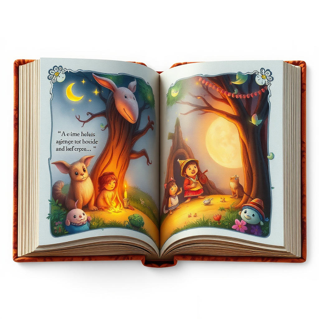 An open storybook with vibrant illustrations depicting a fantastical scene. The lighting is soft and warm, creating a sense of magic and wonder. The style is reminiscent of a children's book illustration, with a touch of realism. Technical specs: 4K resolution, high quality, vibrant colors, and detailed textures.
