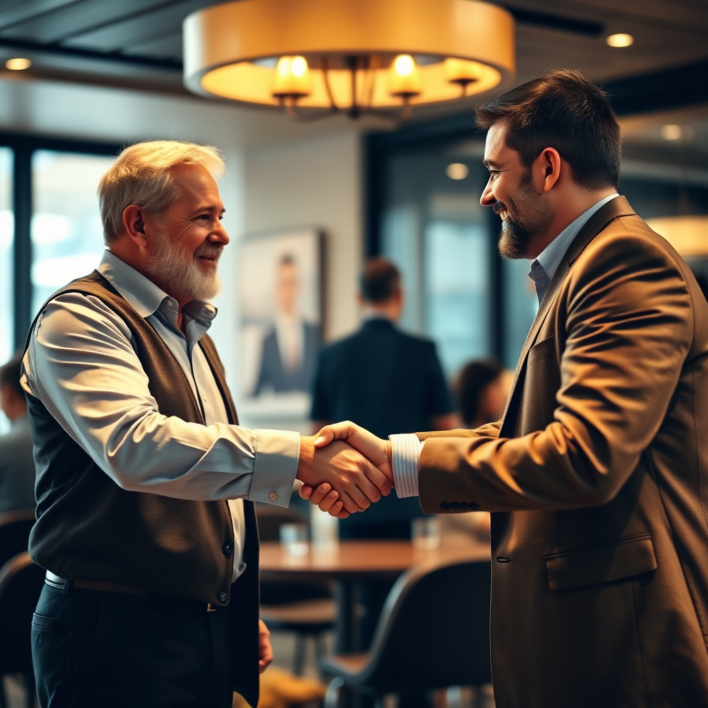 A candid, photorealistic shot of two members shaking hands after a successful business deal at the club. The scene should be celebratory and optimistic, with a focus on the positive outcome of collaboration. The lighting should be warm and inviting, conveying a sense of trust and partnership.