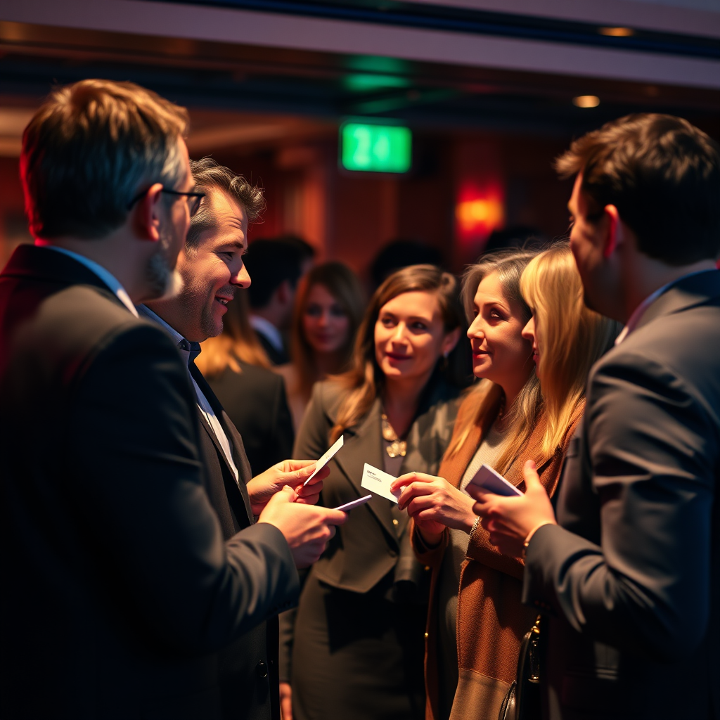 A candid, photorealistic shot of a networking event at the club. The scene should be lively and dynamic, with people engaged in conversation and exchanging business cards. The lighting should be warm and inviting, creating a sense of camaraderie and connection.