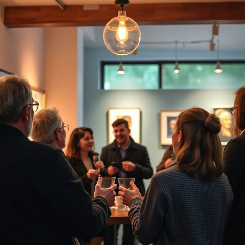 A candid, photorealistic shot of attendees engaging in a discussion about art at the club. The scene should be lively and engaging, with a focus on the exchange of ideas and perspectives. The lighting should be warm and inviting, conveying a sense of intellectual stimulation and cultural enrichment.