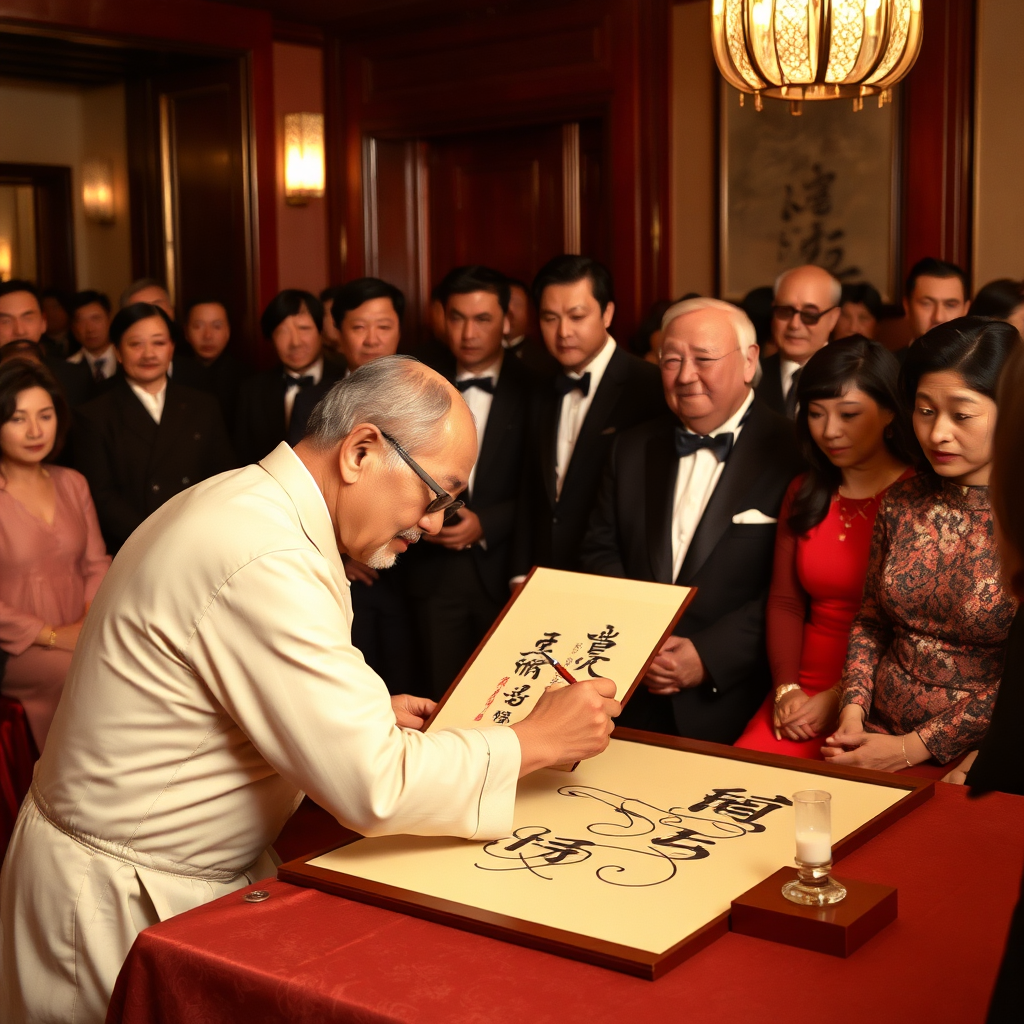 A captivating photograph of a traditional Chinese calligraphy demonstration within the Rockefeller China Guangzhou Club. A master calligrapher is shown carefully creating a piece of art. The audience is composed of elegantly dressed patrons, their faces displaying appreciation and wonder. The setting is refined and elegant, reflecting a celebration of Chinese culture and artistry.