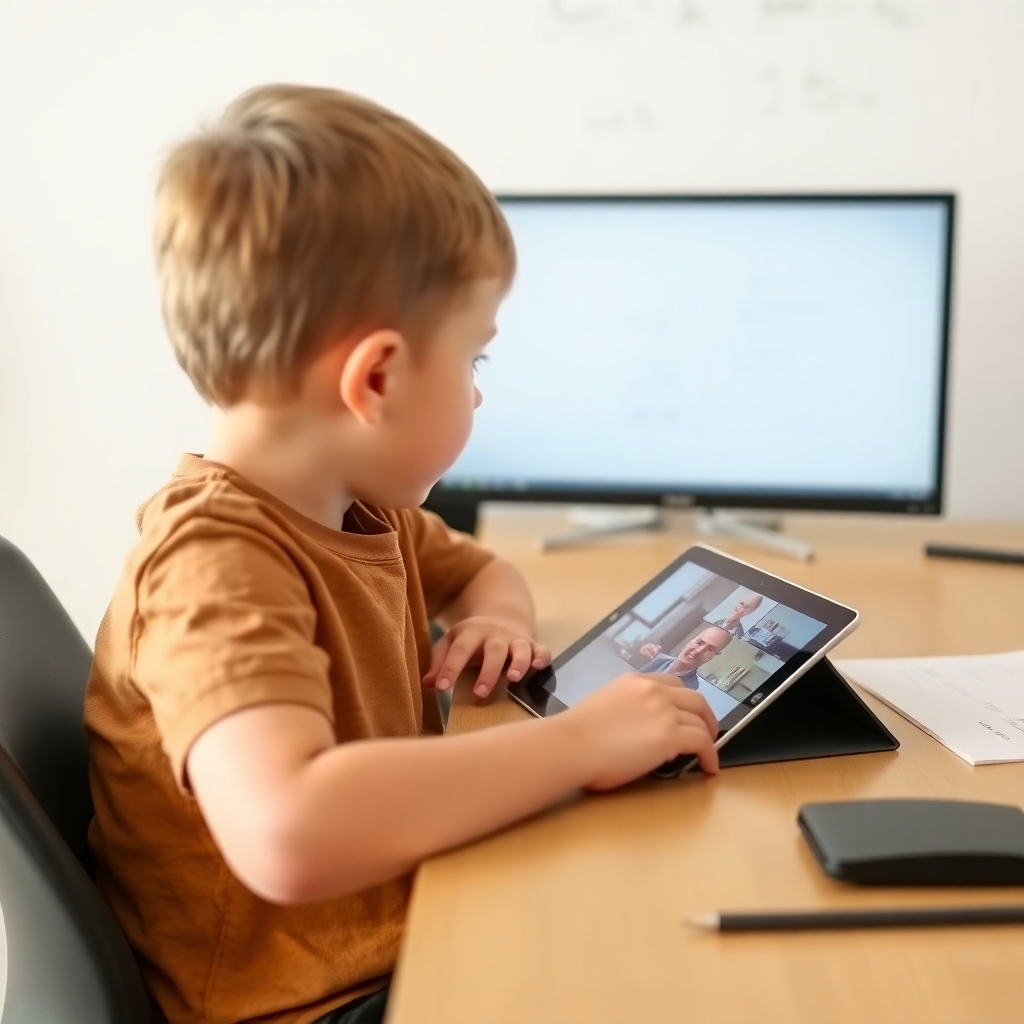 A child is sitting at a desk looking at a tablet with a video conference. The screen also shows equations and diagrams.