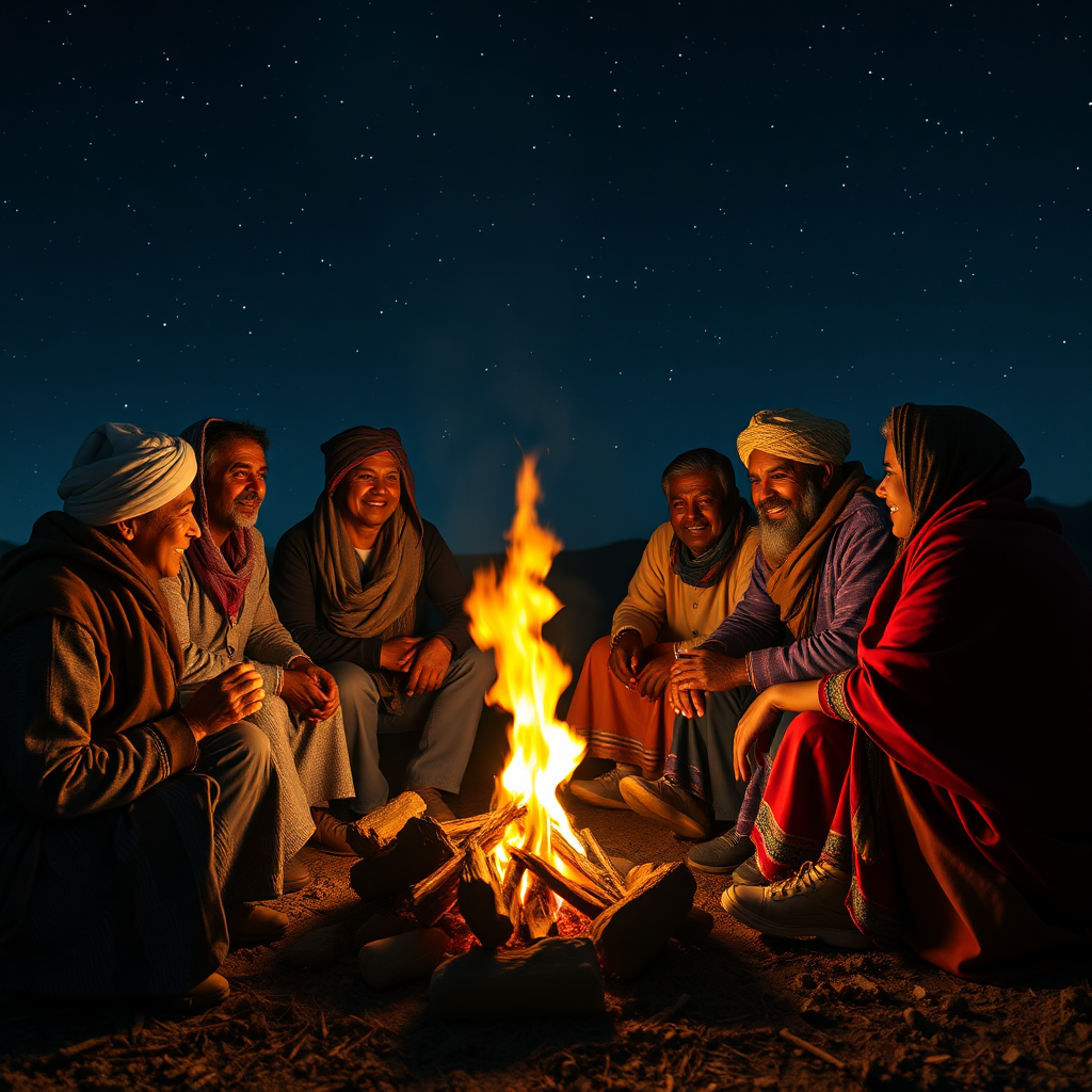 A circle of individuals from various cultures and backgrounds sitting around a campfire, sharing stories and laughter. The firelight illuminates their faces, creating a warm and inviting atmosphere. The background is a starry night sky. The color palette is warm earthy tones with vibrant pops of color from traditional clothing. Inspired by documentary photography. 4k resolution.