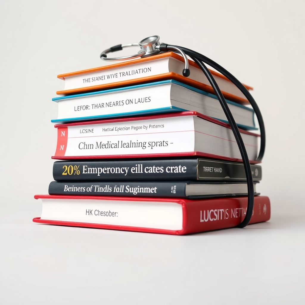 A clean, minimalist image of a stack of medical textbooks with a stethoscope draped over them. The background is a soft, neutral color to emphasize the text and symbols. The books are well-lit and appear new, symbolizing trust and knowledge. The camera angle is low, focusing on the height and stature of the textbooks. Technical Specs: 4K resolution.