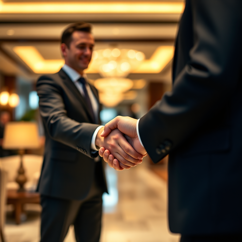 A close-up, bokeh-filled shot of two individuals in sophisticated attire shaking hands inside the Rockefeller China Guangzhou Club. The background features a blurred yet visible luxury lounge area. Warm, inviting lighting emphasizes trust and partnership in their interaction. The focus is on the handshake symbolizing collaboration and success.