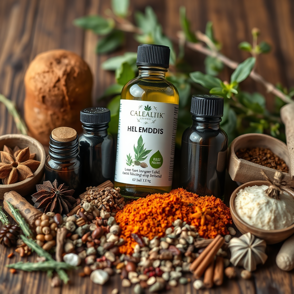 A close-up, detailed image of various natural remedies, such as herbs, spices, and essential oils, arranged in a visually appealing manner. The background is a rustic wooden surface, adding a touch of natural charm. The color palette is earthy and warm, highlighting the textures and colors of the ingredients. Technical Specs: 4K resolution.