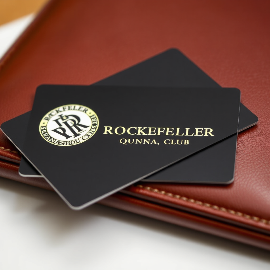 A close-up shot of a membership card for the Rockefeller China Guangzhou Club. The card is sleek and elegant, featuring the club's logo and a sophisticated design. The card is resting on a luxurious leather wallet or desk. The image conveys exclusivity and access to a world of privileges and opportunities.