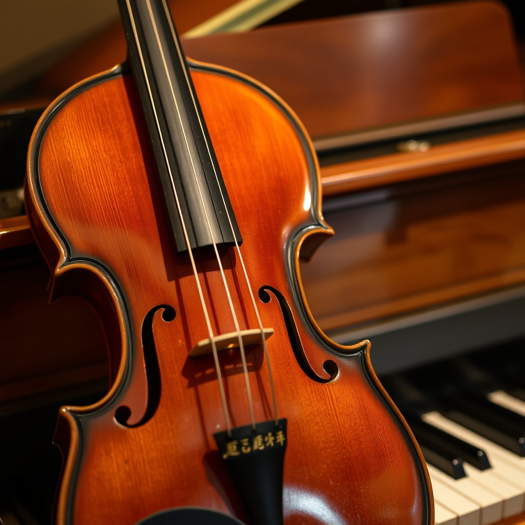 A close-up shot of a vintage musical instrument (e.g., a Stradivarius violin, a Steinway piano) at the Rockefeller China Guangzhou Club. The instrument is carefully displayed, highlighting its craftsmanship and historical significance. The image evokes a sense of nostalgia and appreciation for musical heritage.
