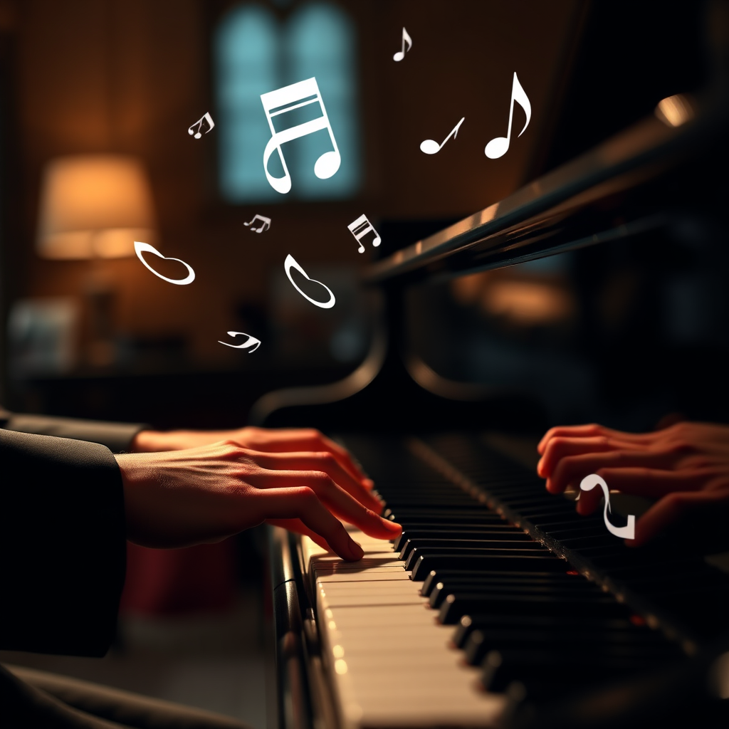 A close-up shot of hands playing a grand piano, with abstract musical notes floating in the air. The lighting is soft and warm, highlighting the intricate details of the piano keys and the musician's hands. The background is blurred, creating a sense of focus on the music. The color palette is rich and warm, with a touch of vintage feel. Style: Classical, elegant, musical. Resolution: 4K.