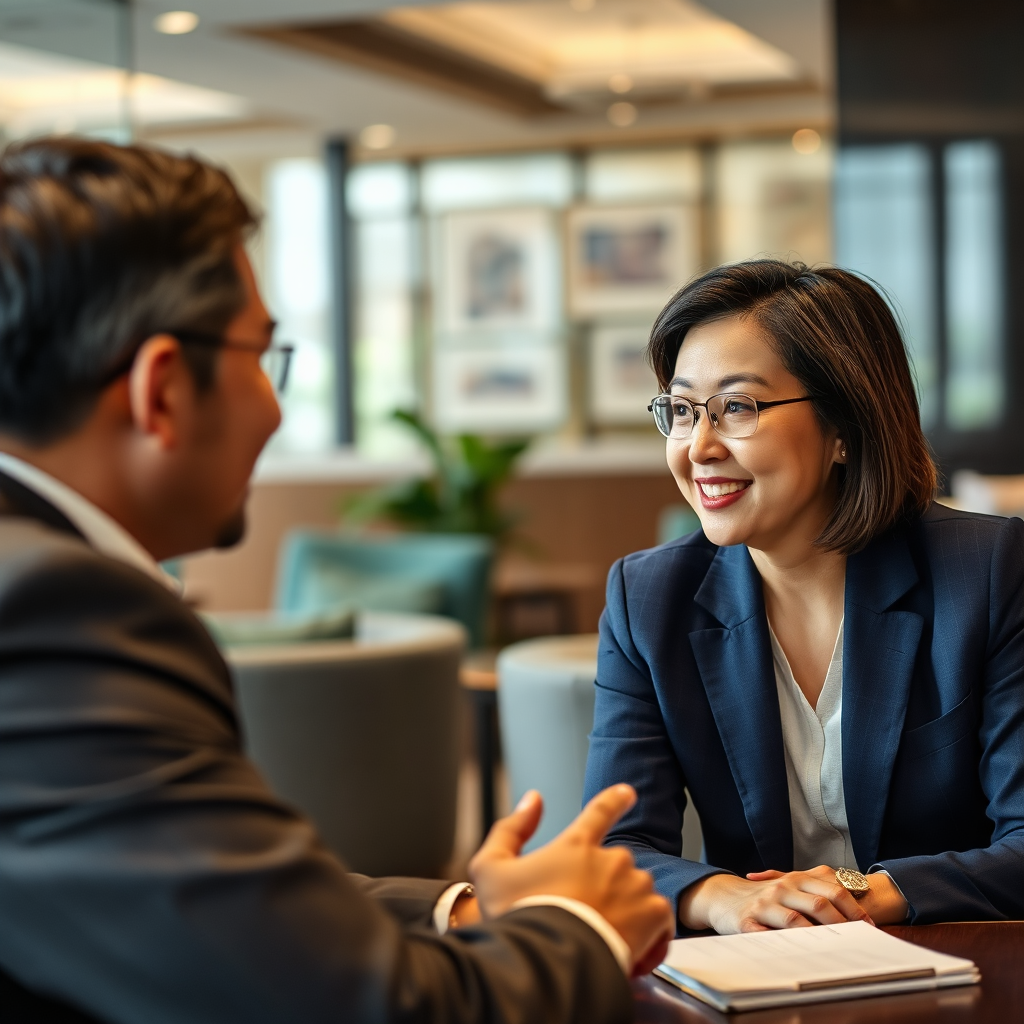 A close-up shot of two individuals engaged in a mentoring session at the Rockefeller China Guangzhou Club. One individual is sharing their knowledge and experience with the other. The atmosphere is supportive and encouraging. The background features a comfortable lounge area. The focus is on the exchange of ideas and the fostering of growth.