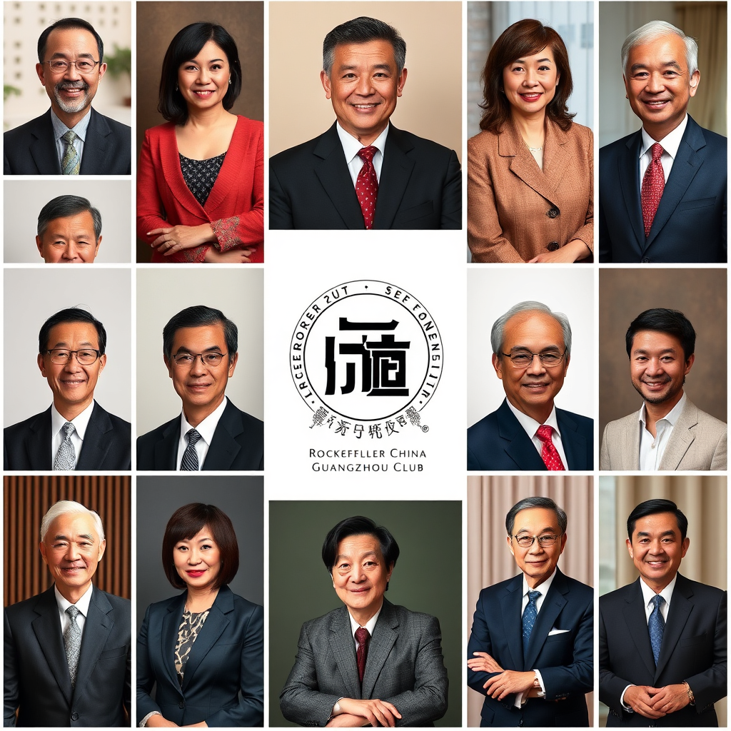 A collection of professional portraits of members of the Rockefeller China Guangzhou Club. The portraits should capture the members' personalities and achievements. The overall effect should be sophisticated and convey the club's diverse and accomplished membership.