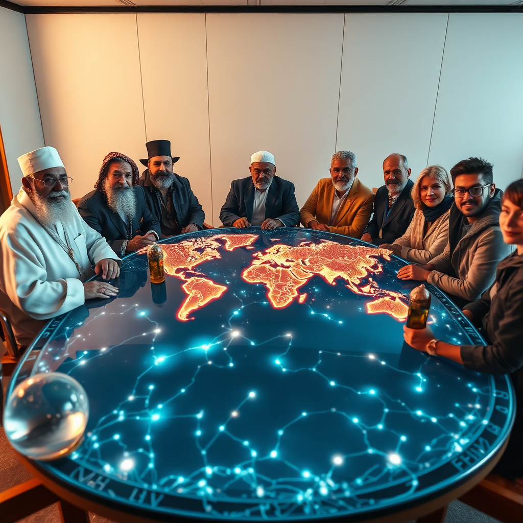 A diverse group of distinguished individuals – religious leaders, scientists, investors – seated around a glowing, intricately designed table in a modern, minimalist setting. The table projects a holographic display showcasing a world map interconnected by shimmering lines of light. The lighting should be soft and diffused, creating an atmosphere of collaboration and respect. Color palette incorporates warm earth tones, gold accents, and calming blues. The camera angle is eye-level, focusing on the expressions of the participants. Textures are rich and varied, including polished wood, soft fabrics, and reflective metal. The environment is clean, modern, and inspiring. Relevant props include crystal globes, ancient religious texts, and advanced communication devices. Inspired by the visual style of a TED Talk stage. 4K resolution, high quality.