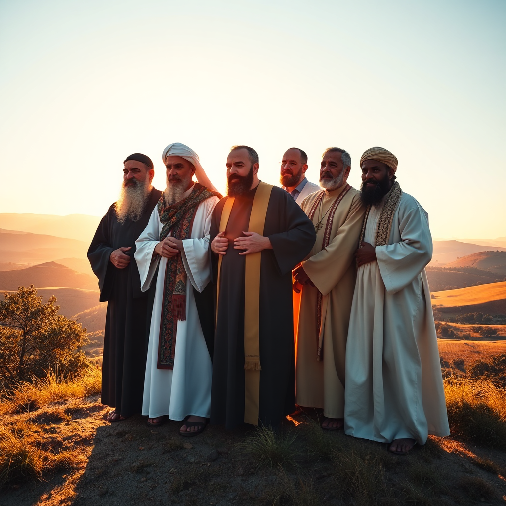A diverse group of religious leaders from various faiths standing together on a hilltop overlooking a peaceful, rolling landscape. They are bathed in the golden light of the rising sun. The background is a clear, blue sky. The color palette is warm and inviting. The camera angle is medium shot, capturing the expressions of hope and determination on their faces. Inspired by classical landscape painting. 4k resolution.