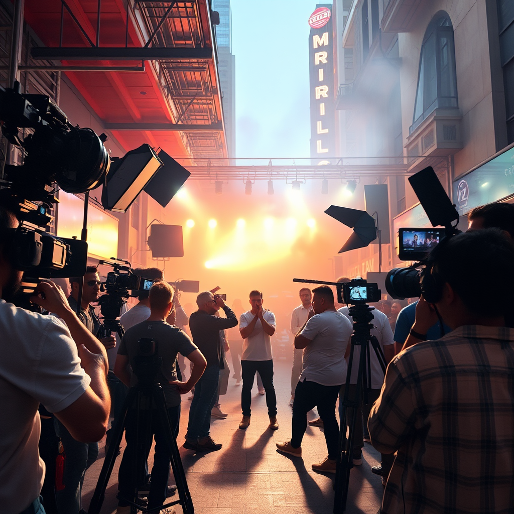 A dynamic scene of a music video shoot, with cameras, lights, and a diverse crew working together. The scene takes place in a vibrant urban environment. The lighting is bright and energetic, capturing the excitement of the shoot. The camera angle is a wide shot, showing the entire set. The color palette is bold and modern. Style: Energetic, urban, creative. Resolution: 4K.