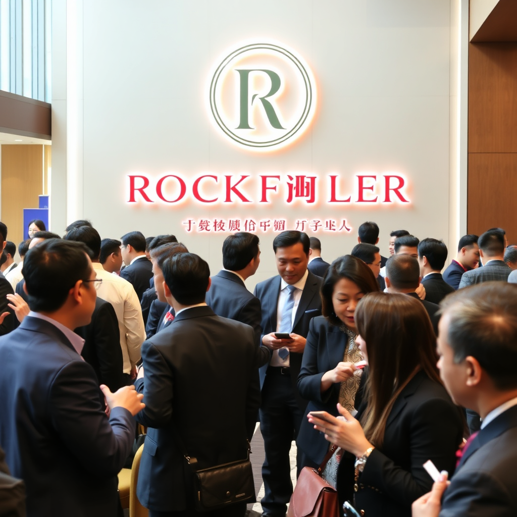 A dynamic shot capturing a networking event at the Rockefeller China Guangzhou Club. The scene is bustling with activity, with individuals engaged in conversations and exchanging business cards. The background features the club's logo and a modern architectural design. The atmosphere is energetic and productive, conveying the club's role as a premier networking platform.