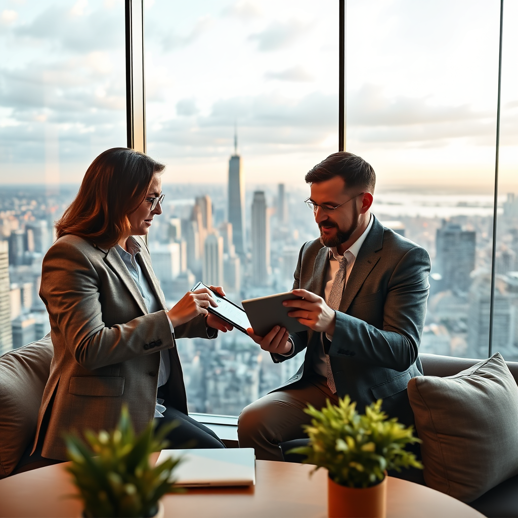 A financial advisor meeting with a client in a modern office. They are reviewing financial data on a tablet. The background is a panoramic view of a thriving cityscape. The lighting is warm and inviting. The color palette is neutral with accents of gold and green. 4k resolution