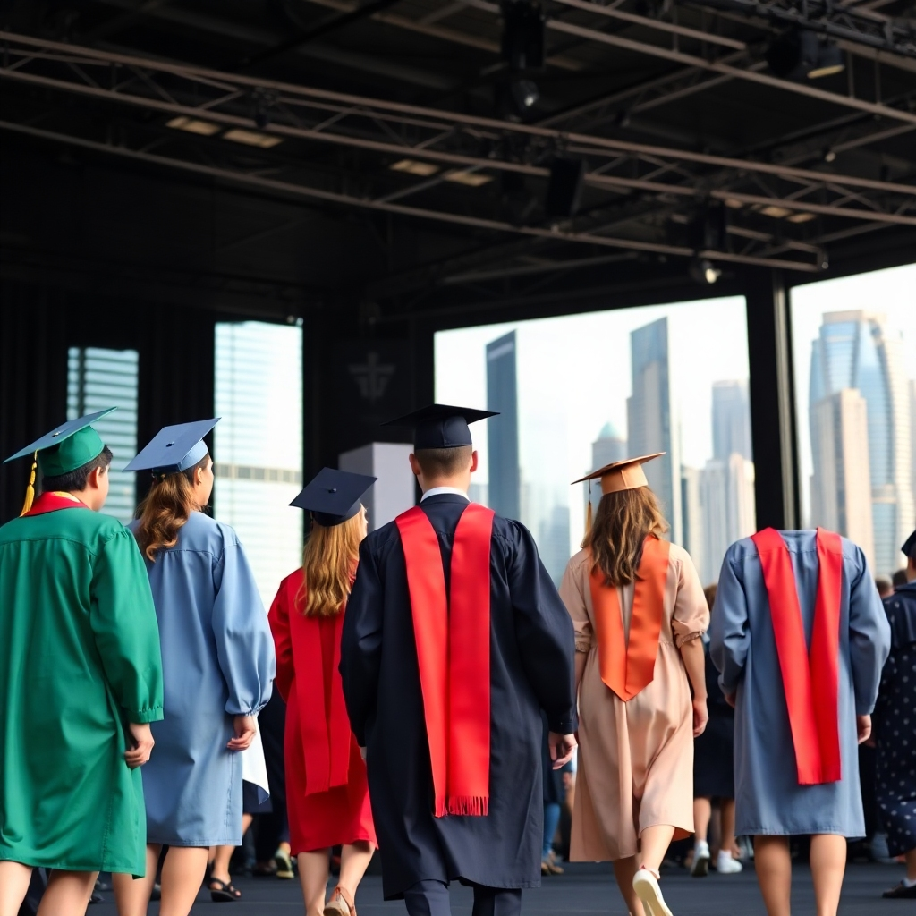 A graduation ceremony with students from around the world walking across a stage to receive their diplomas. The background is showing future buildings, showing a bright future.
