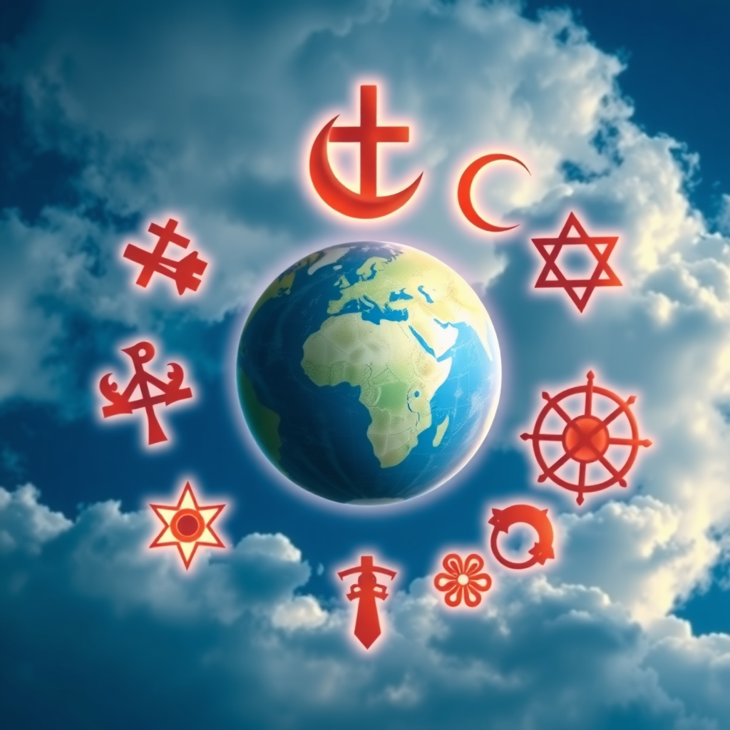 A group of diverse religious symbols – a cross, a crescent moon, a Star of David, a dharma wheel – arranged in a circle around a globe. The symbols are glowing with a soft, ethereal light. The background is a deep blue sky with swirling clouds. The color palette is rich and symbolic. Inspired by religious art and iconography. 4k resolution.