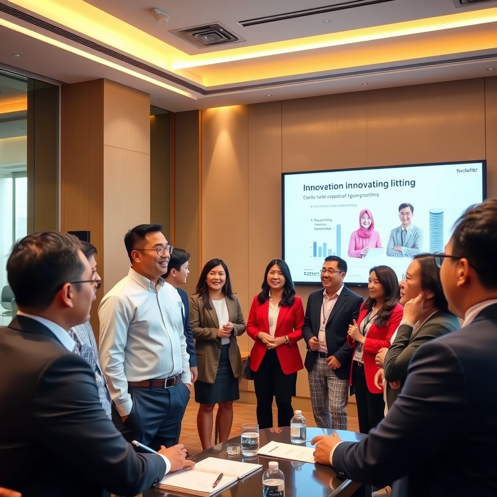 A group of diverse, well-dressed individuals engaged in a lively discussion within a modern conference room at the Rockefeller China Guangzhou Club. The atmosphere is collaborative and energetic. A large screen displays a presentation on innovation. Natural light floods the room, symbolizing transparency and progress. Focus on positive body language and engagement.