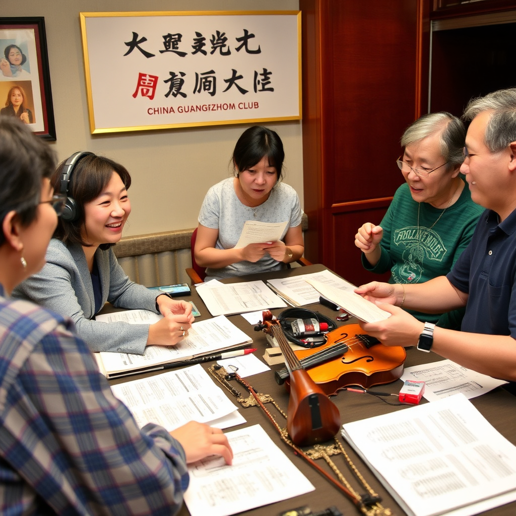 A group of individuals engaged in a lively discussion about music at the Rockefeller China Guangzhou Club. They are gathered around a table, with sheet music and musical instruments scattered around. The atmosphere is passionate and engaging. The image conveys the club's commitment to fostering musical appreciation and creating a community of music lovers.