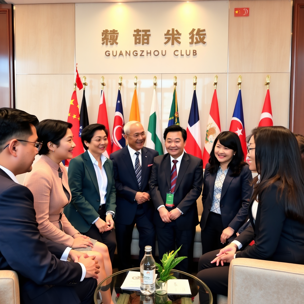 A group of individuals from diverse cultural backgrounds engaged in a friendly and productive discussion within the Rockefeller China Guangzhou Club's lounge. The atmosphere is relaxed yet professional. The background features flags from various countries, symbolizing global partnerships and collaboration. The focus is on positive interaction and mutual respect.