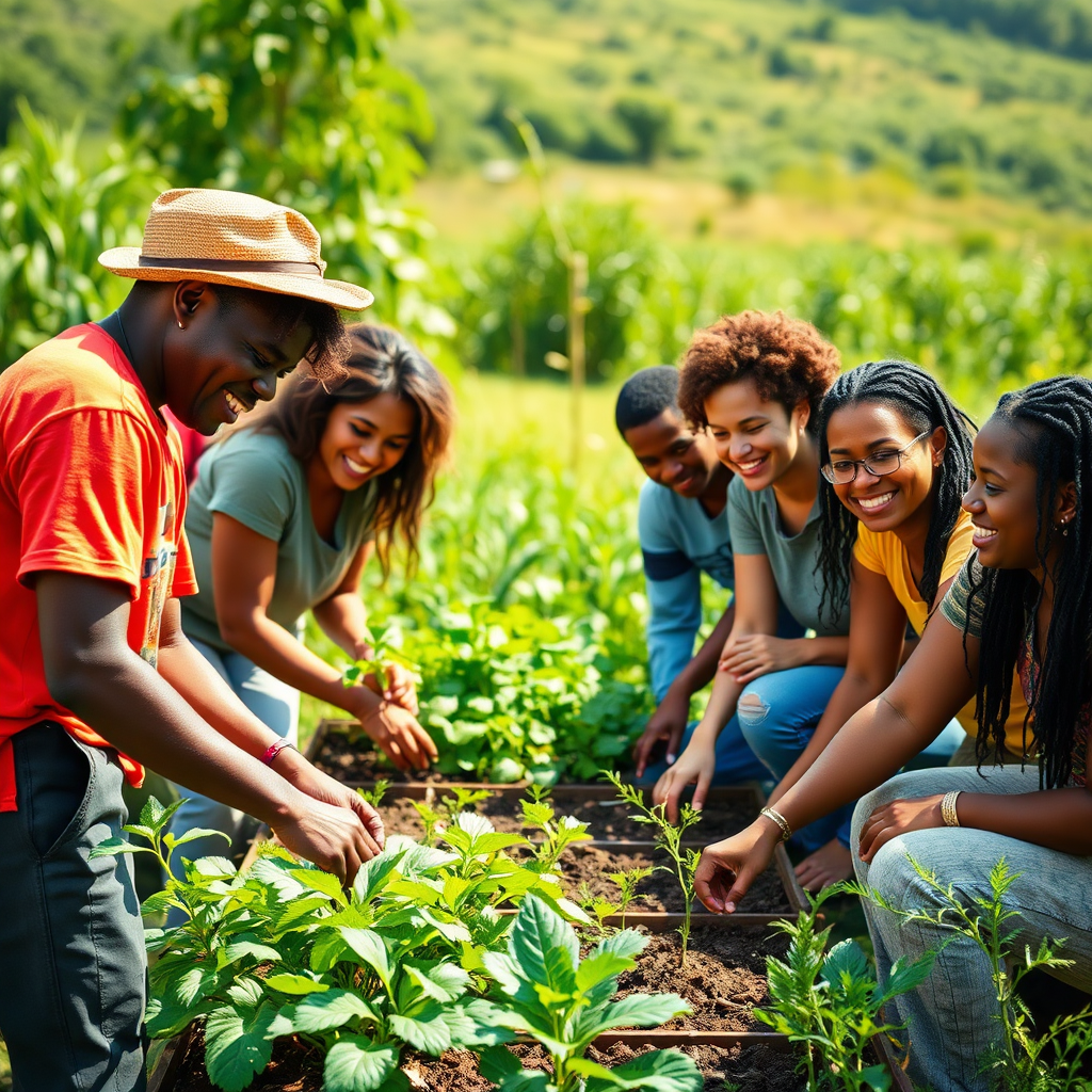 A group of individuals from diverse backgrounds working together to build a sustainable community garden. They are smiling and laughing, and the atmosphere is one of collaboration and empowerment. The background is a lush green landscape. The lighting is natural and sunny. The color palette is vibrant and earthy. Inspired by documentary photography and images of community development. 4k resolution.