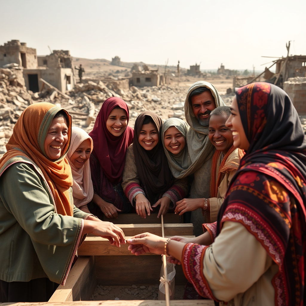 A group of people from different backgrounds working together to build a community center in a war-torn area. They are smiling and laughing, and the atmosphere is one of hope and resilience. The background is a landscape of destruction and rebuilding. The lighting is natural and uplifting. The color palette is earthy tones with vibrant pops of color from traditional clothing. 4k resolution