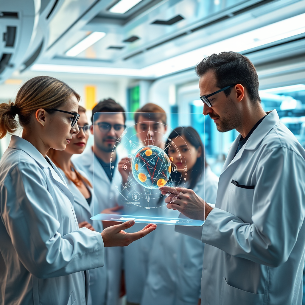 A group of scientists from different backgrounds working together in a futuristic laboratory. They are examining a holographic projection of a complex scientific model. The background is filled with advanced scientific equipment. The lighting is bright and sterile. The color palette is predominantly blue and white with accents of green and orange. Inspired by science fiction films and futuristic architecture. 4k resolution.
