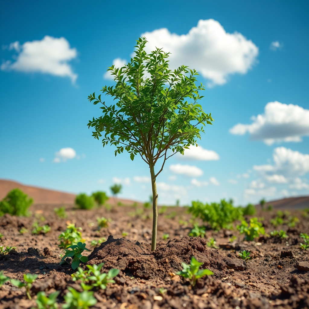 A hand planting a tree in a barren landscape. The tree is surrounded by lush vegetation. The background is a clear blue sky with fluffy white clouds. The lighting is natural and hopeful. The color palette is earthy tones with vibrant greens and blues. Inspired by environmental photography and images of reforestation. 4k resolution.