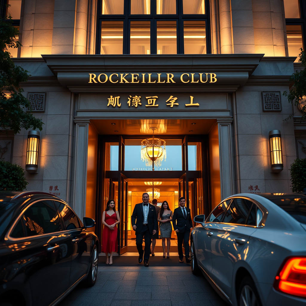 A high-angle, wide shot of the Rockefeller China Guangzhou Club entrance at twilight. Soft, golden light illuminates the architectural details. Luxury cars are parked discreetly. Elegant, well-dressed individuals are seen entering, their faces suggesting excitement and anticipation. The scene exudes exclusivity and sophistication.