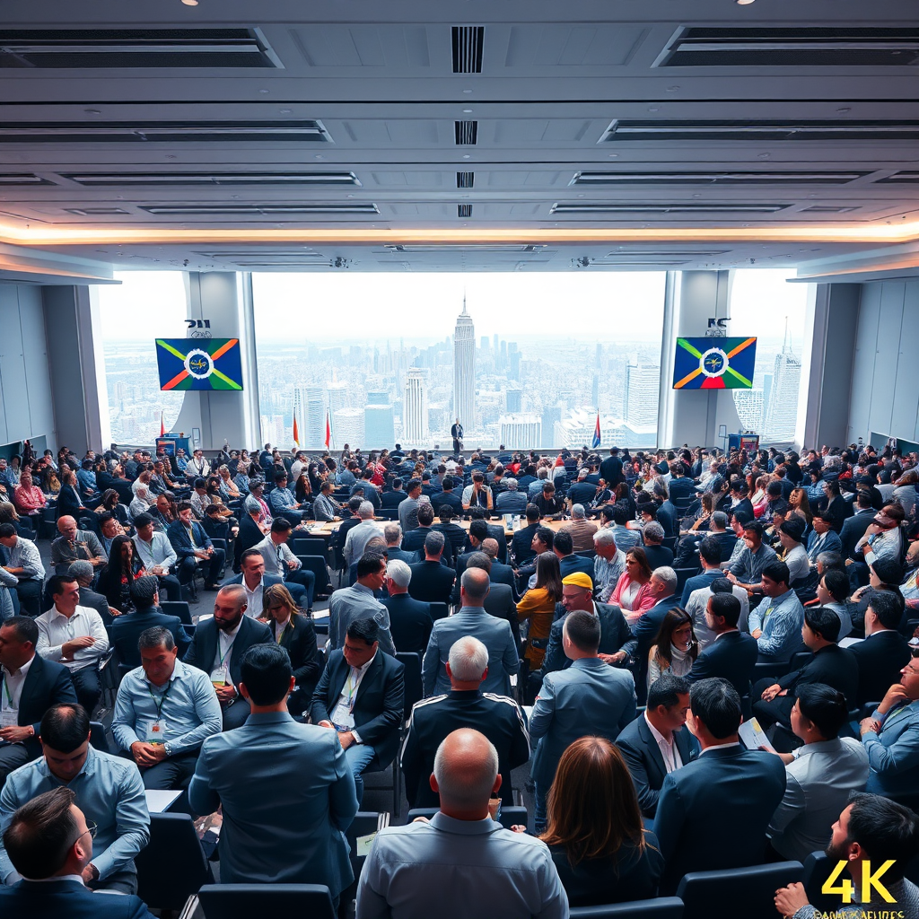 A large, modern conference hall filled with delegates from around the world. They are engaged in lively discussion, and the atmosphere is one of collaboration and innovation. The background is a panoramic view of a major city. The lighting is bright and professional. The color palette is neutral with pops of color from national flags and corporate logos. 4k resolution