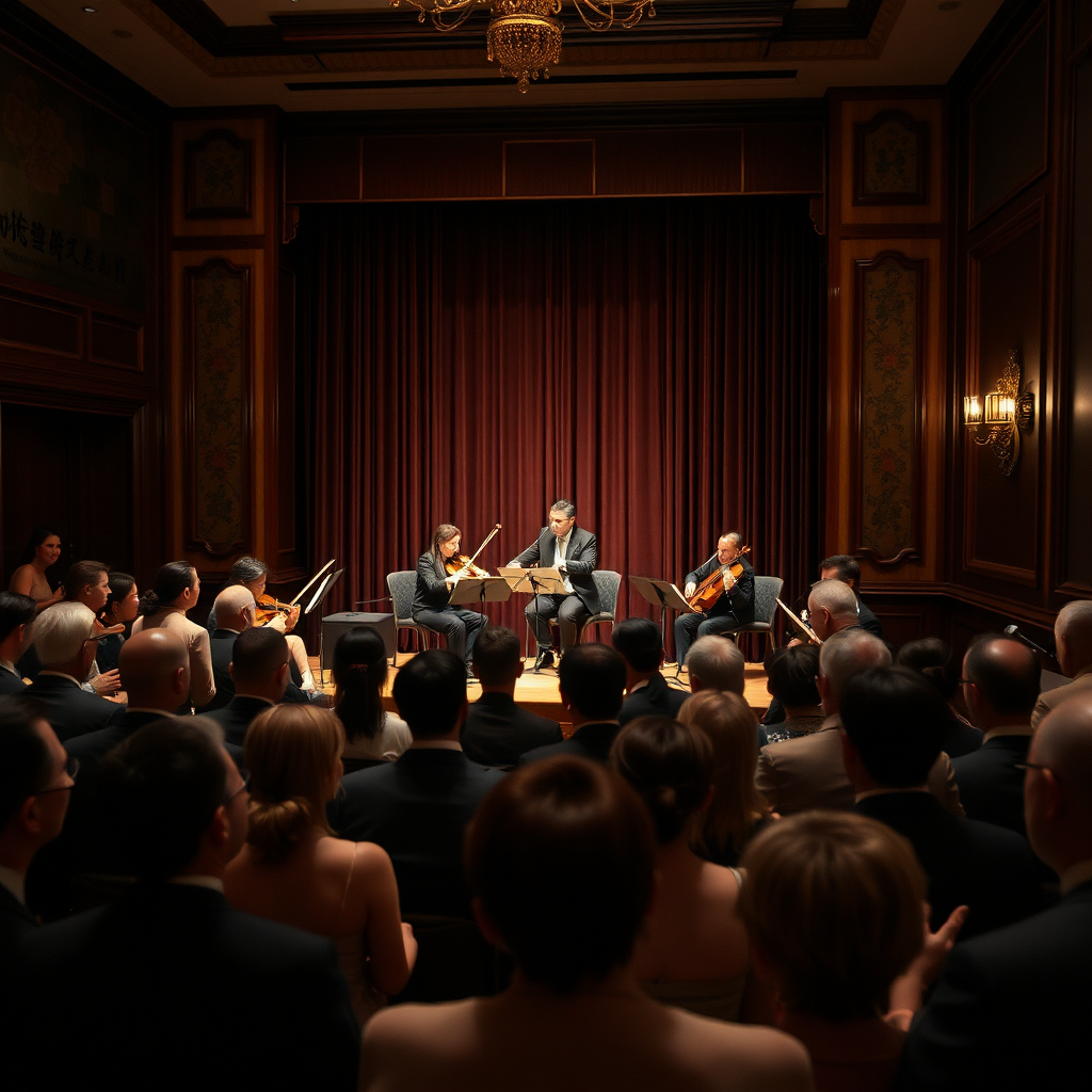 A medium shot capturing a live musical performance within the Rockefeller China Guangzhou Club. A string quartet is performing on a small stage, bathed in soft stage lighting. The audience is composed of elegantly dressed patrons, their faces displaying rapt attention and enjoyment. The setting is intimate and refined, reflecting a celebration of the arts.