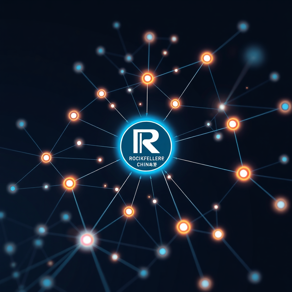 A modern and futuristic visualization of innovation. A network of interconnected nodes, each representing a different industry or field, converging at the Rockefeller China Guangzhou Club logo. The nodes are glowing and pulsating with energy, symbolizing the flow of ideas and innovation. The overall effect is dynamic and inspiring.