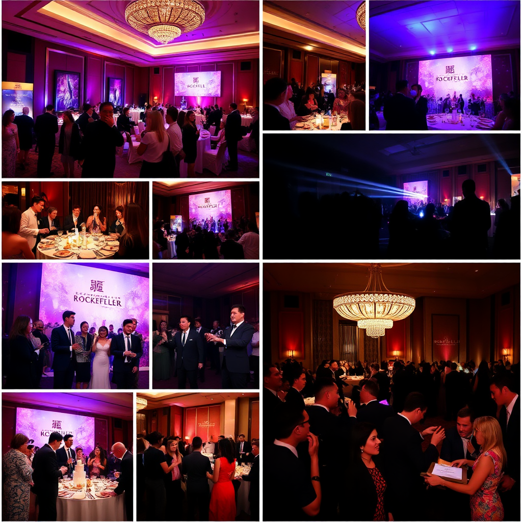 A montage of photographs showcasing various events held at the Rockefeller China Guangzhou Club. The photographs should capture the energy, excitement, and glamour of these events. The overall effect should be visually engaging and convey the club's vibrant social scene.