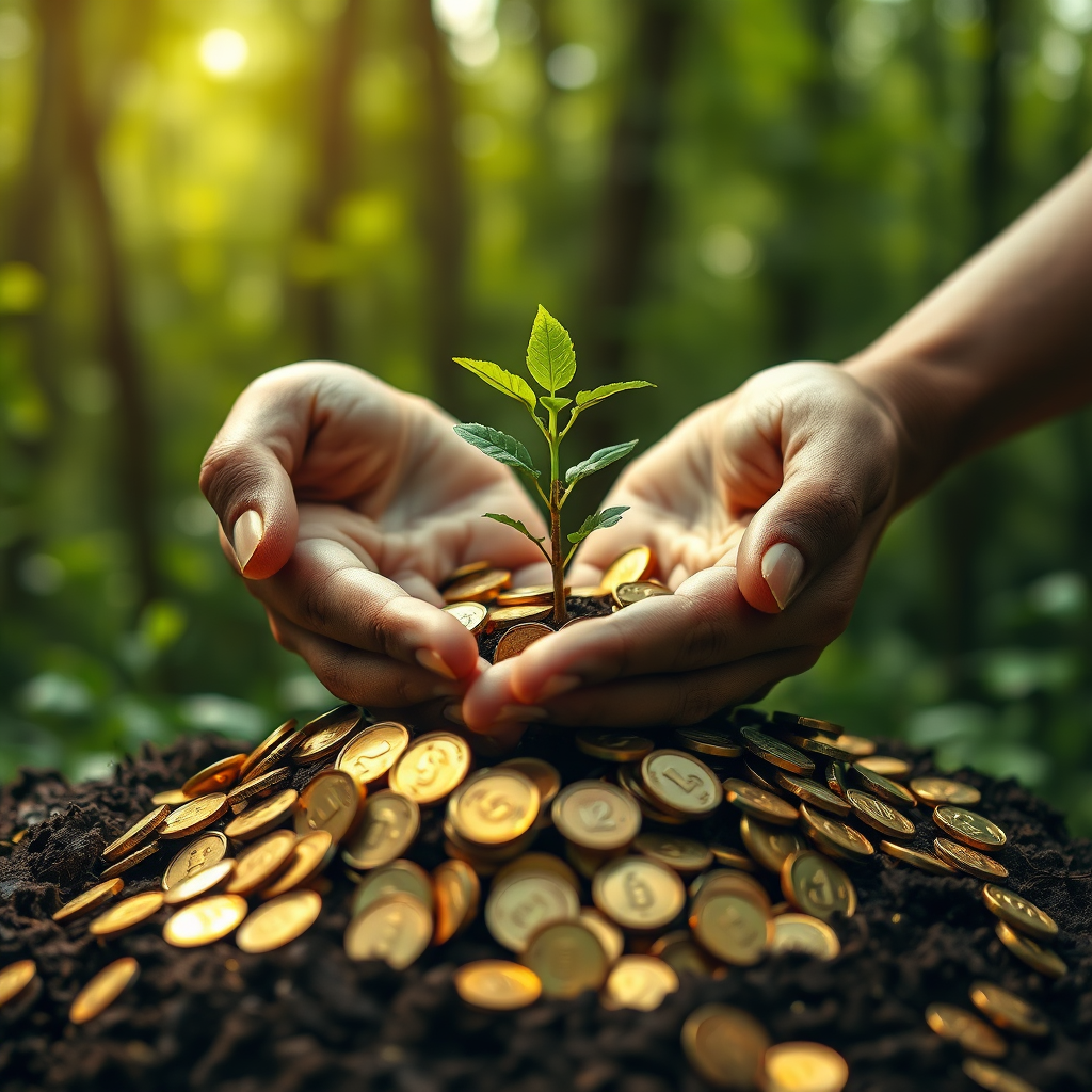 A pair of hands gently cradling a seedling growing out of a pile of gold coins. The background is a lush, green forest. The lighting is soft and natural. The color palette is earthy tones with vibrant greens and golds. The camera angle is close-up, emphasizing the tenderness of the gesture. Textures are detailed, highlighting the richness of the soil and the delicate nature of the seedling. Inspired by nature photography and images of sustainable development. 4k resolution.