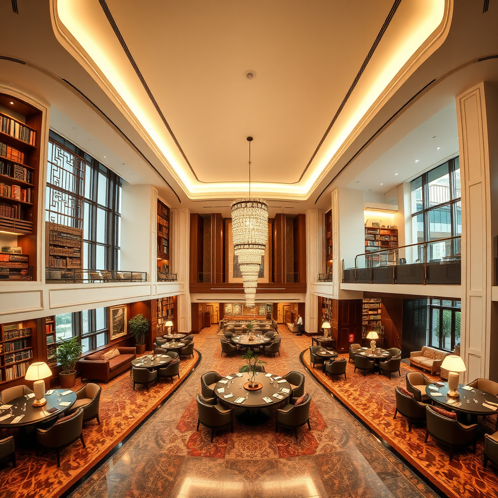 A panoramic shot of the Rockefeller China Guangzhou Club's interior, showcasing a blend of modern Chinese and classic American design. Include a variety of spaces, such as a library, a dining hall, and a lounge area. The atmosphere is sophisticated and inviting, symbolizing a fusion of cultures and luxury. Golden ratio composition.