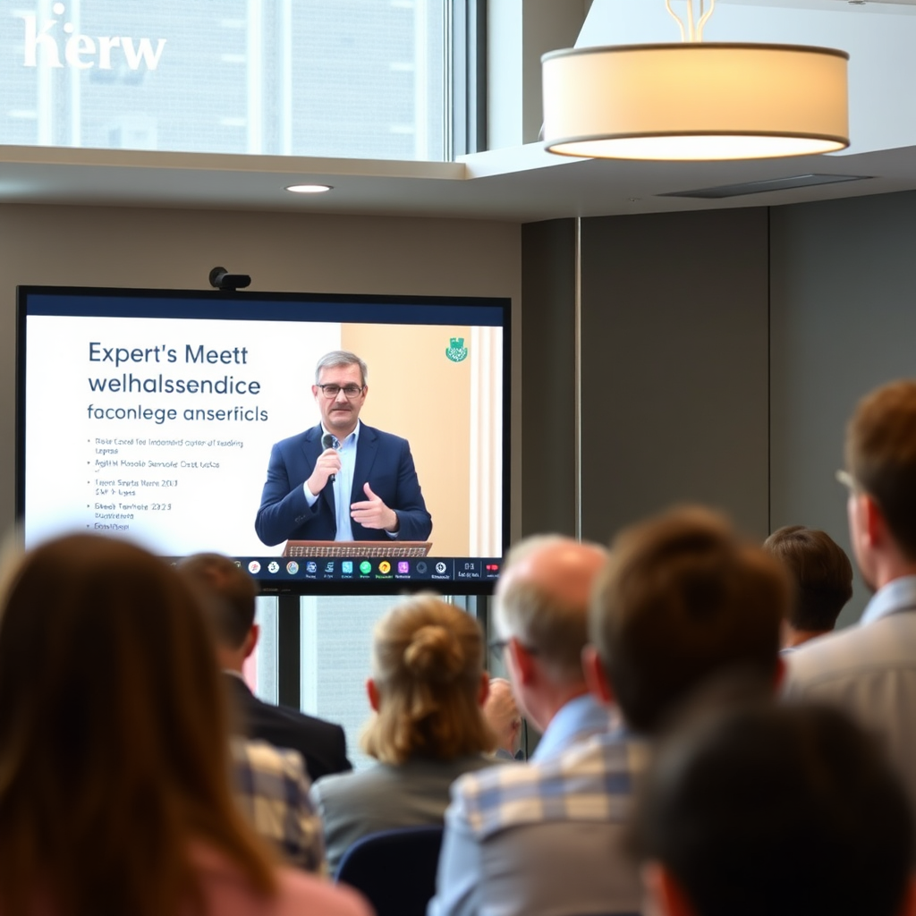 A photograph of a webinar screen featuring an expert speaker presenting on a health-related topic. The audience is visible in the background, engaged in the presentation. The scene should convey a sense of knowledge sharing and community engagement.