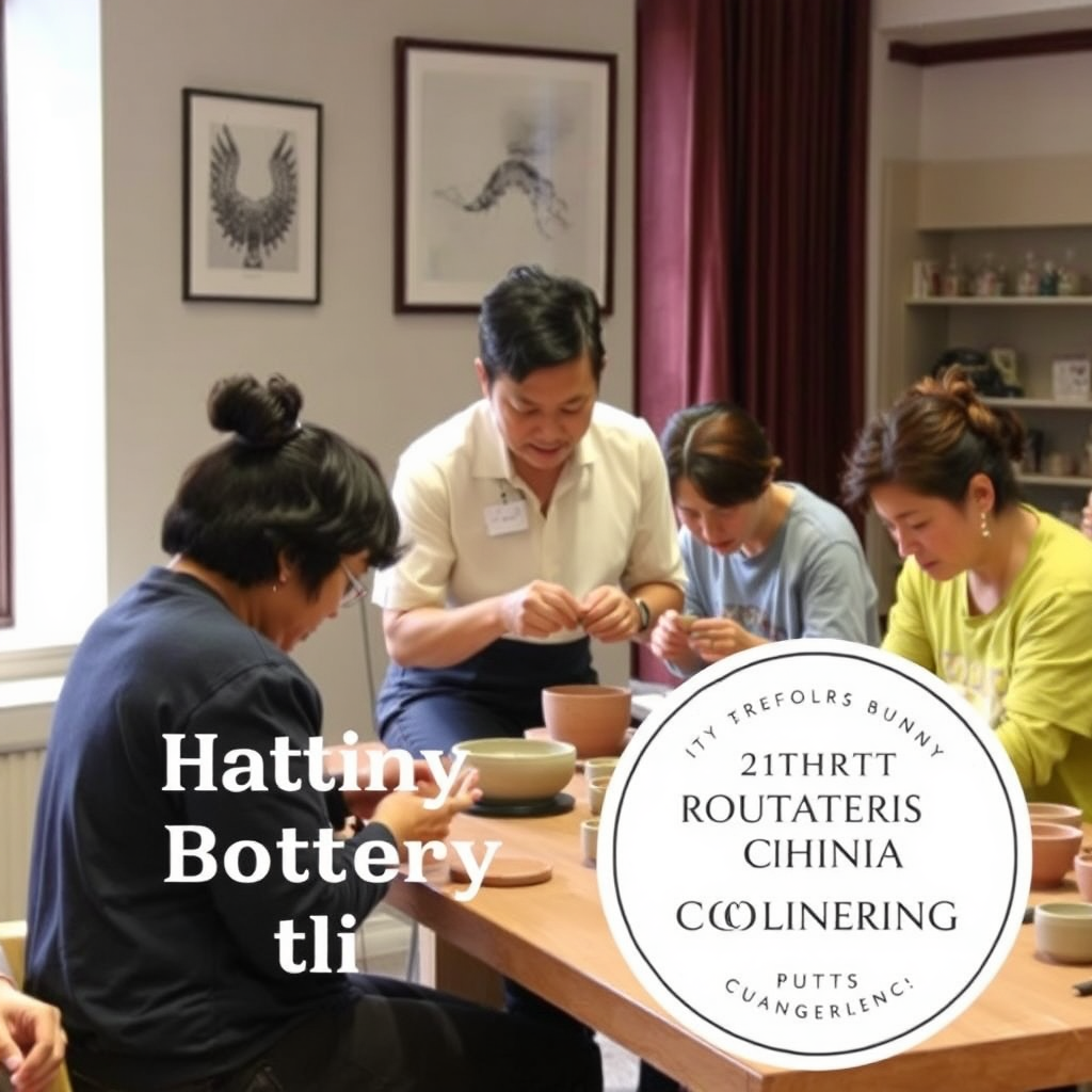 A photograph showcasing a pottery workshop at the Rockefeller China Guangzhou Club. Participants are actively engaged in creating their own pottery pieces, guided by an experienced instructor. The atmosphere is creative and collaborative. The image conveys the club's commitment to inspiring creativity and fostering artistic expression.