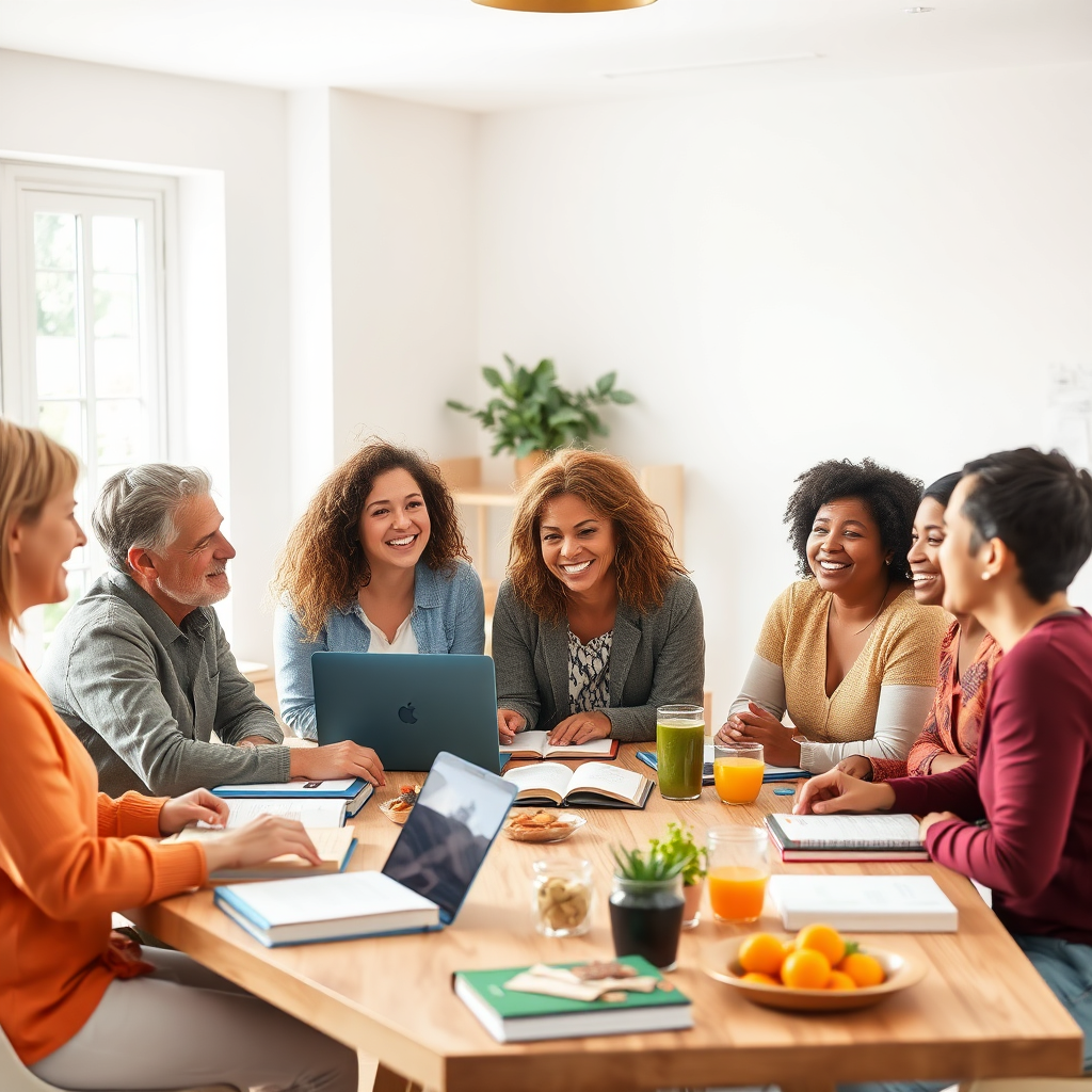A photograph showing a diverse group of people gathered around a table, engaged in a lively discussion. They are smiling and making eye contact, suggesting a collaborative and supportive atmosphere. The table is adorned with books, laptops, and healthy snacks, reflecting the theme of learning and well-being. The background features a bright and airy room with natural light streaming in through the windows. The color palette is warm and inviting, using a mix of natural tones and vibrant accents. The camera angle is slightly elevated, capturing the entire group dynamic. Technical Specs: 4K resolution, high-quality rendering.