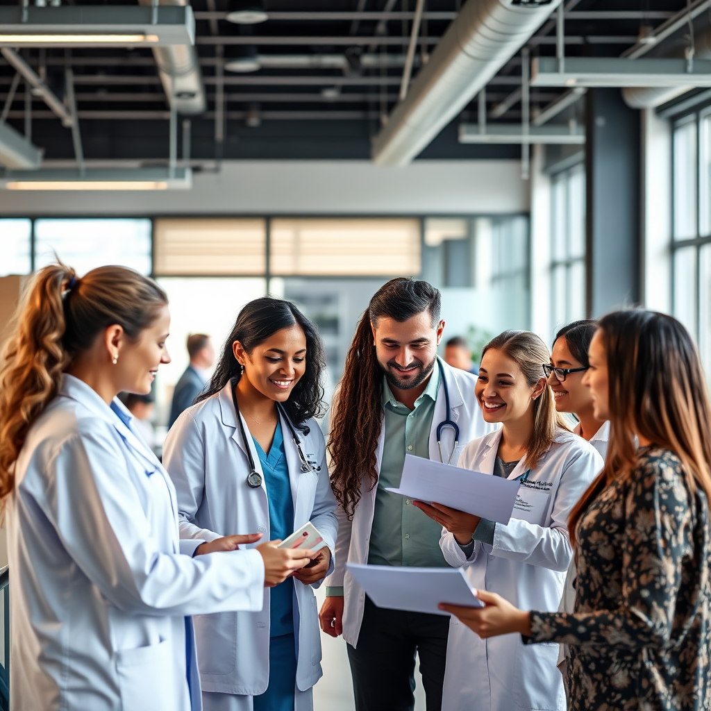 A photograph showing a diverse group of healthcare professionals and wellness enthusiasts working together on a project. They are engaged in a discussion, sharing ideas and insights. The background is a modern and collaborative workspace, fostering innovation and teamwork. The camera angle is slightly elevated, capturing the dynamic interaction between the participants. Technical Specs: 4K resolution.