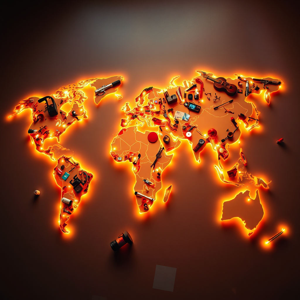 A photorealistic depiction of a world map formed by musical instruments, film equipment, and art supplies. The map is glowing softly, with lines of light connecting different countries and regions. Each region showcases a unique cultural element related to music, film, or art. The color palette is diverse and representative of different cultures. The lighting is warm and inviting, highlighting the interconnectedness of the world. The camera angle is a wide shot, showing the entire map and its details. The textures should be rich and detailed, reflecting the diversity of the world. Style: Global, interconnected, vibrant. Resolution: High quality.